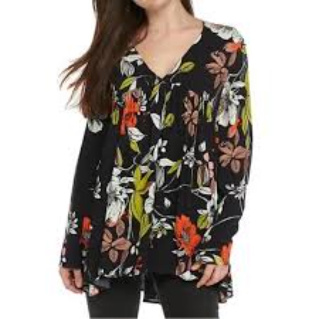 Free People Floral Babydoll Tunic Black V-Neck Long Sleeve Rayon Top Xs